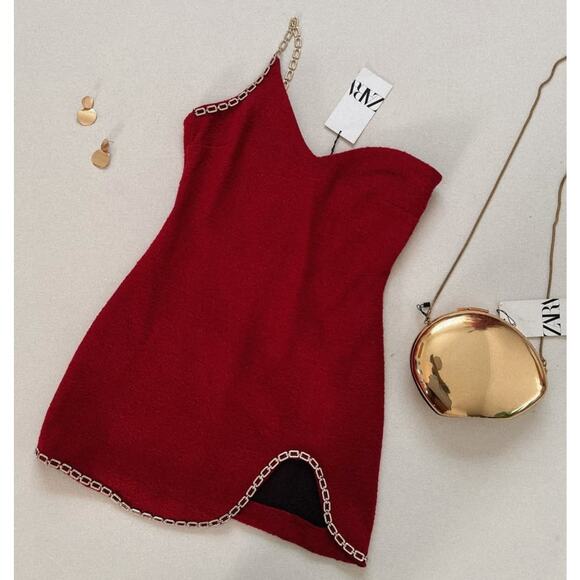 β€οΈβπ₯ ZARA Textured Mini Dress NWT | Asym Neckline Chain Strap Red S/M - Picture 15 of 16